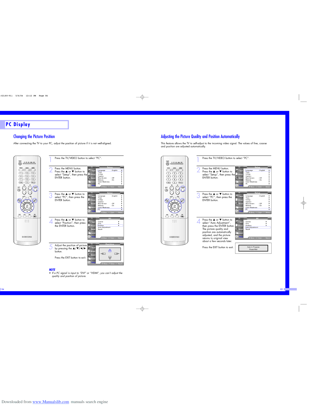 Samsung HL-P5063W, HL-P6163W Changing the Picture Position, Adjusting the Picture Quality and Position Automatically 