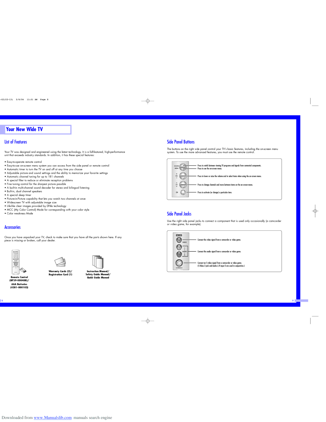 Samsung HL-P5663W, HL-P6163W, HL-P5063W List of Features, Accessories, Side Panel Buttons, Side Panel Jacks 