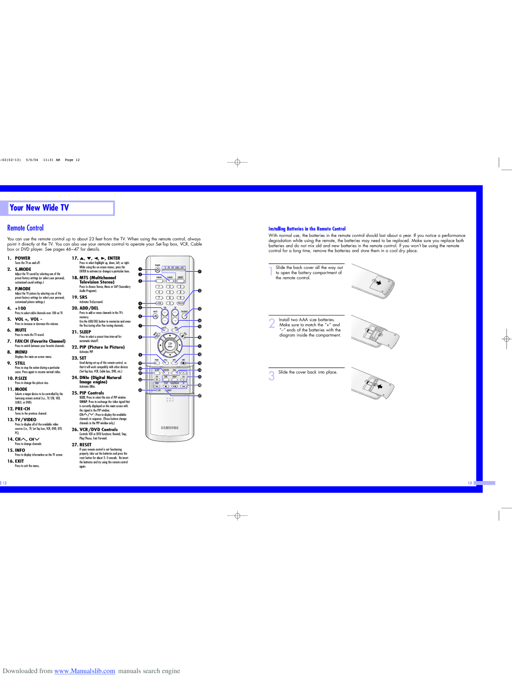 Samsung HL-P5063W, HL-P6163W, HL-P5663W Installing Batteries in the Remote Control, Slide the cover back into place 