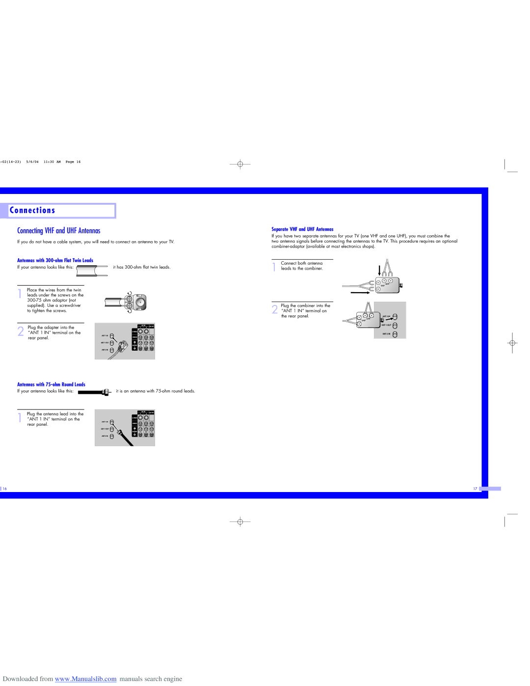 Samsung HL-P6163W, HL-P5063W N n e c t i o n s, Connecting VHF and UHF Antennas, Antennas with 300-ohm Flat Twin Leads 