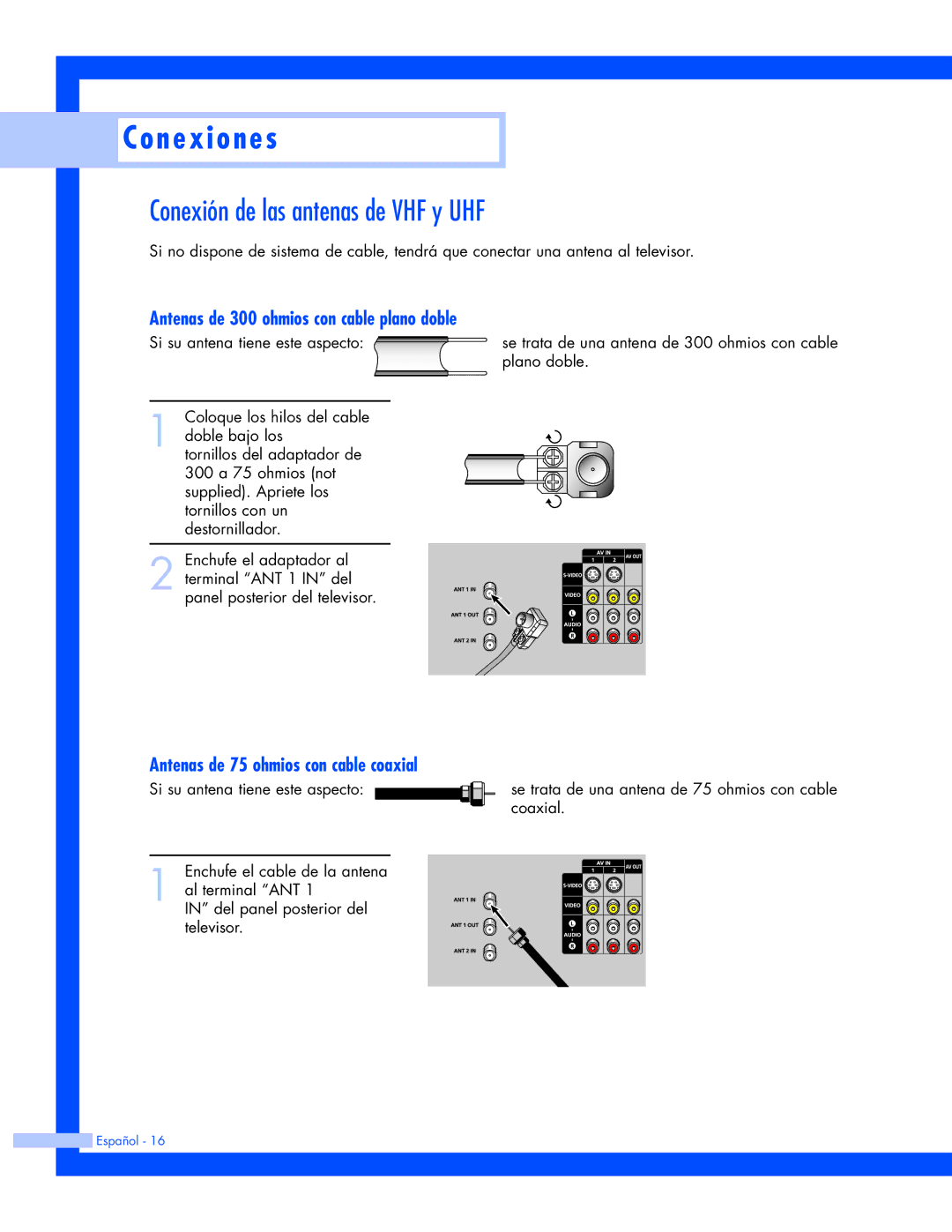 Samsung HL-P5663W, HL-P6163W, HL-P4663W Conexión de las antenas de VHF y UHF, Antenas de 300 ohmios con cable plano doble 