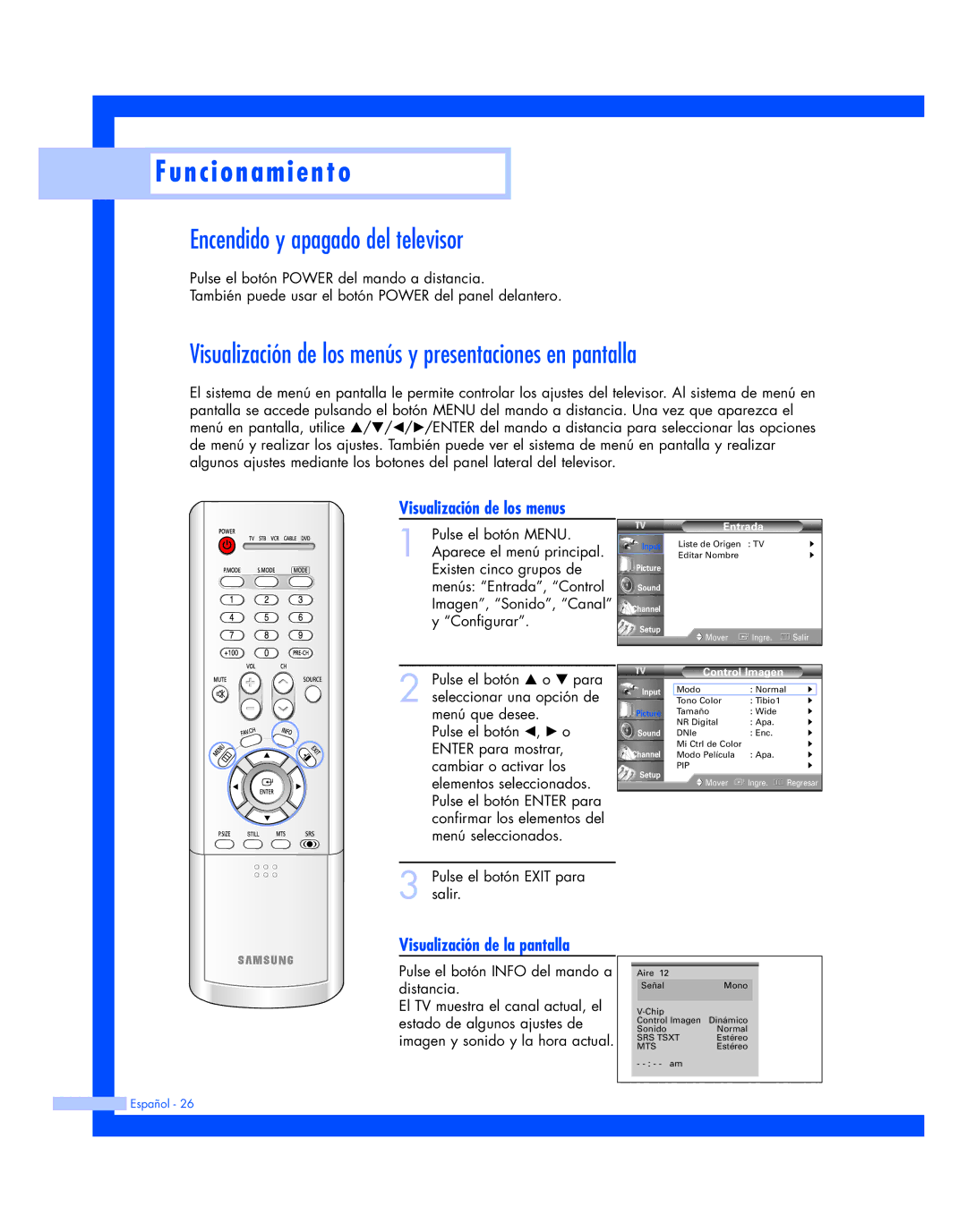 Samsung HL-P4663W, HL-P6163W Encendido y apagado del televisor, Visualización de los menús y presentaciones en pantalla 