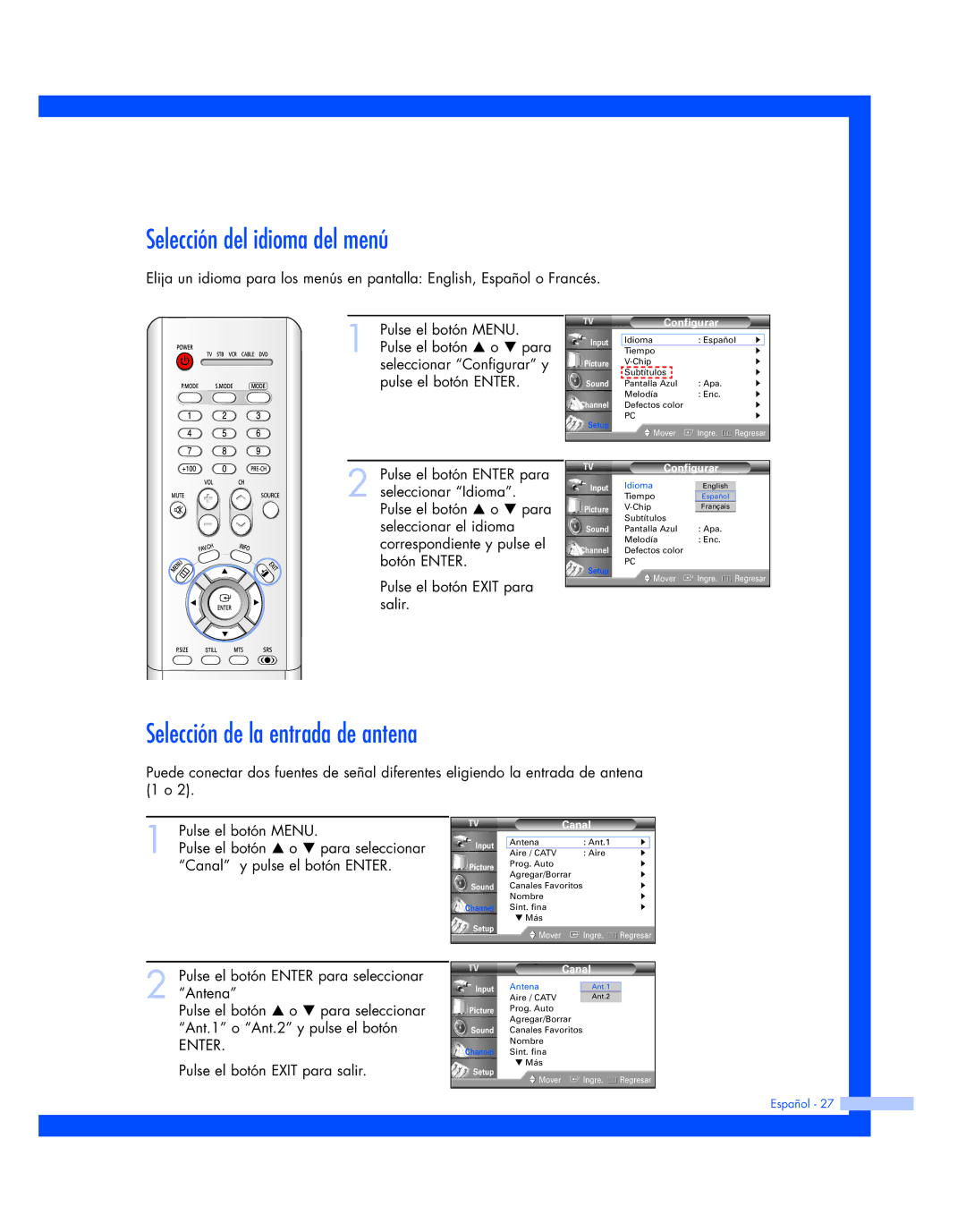 Samsung HL-P6163W, HL-P5663W, HL-P4663W manual Selección del idioma del menú, Selección de la entrada de antena 