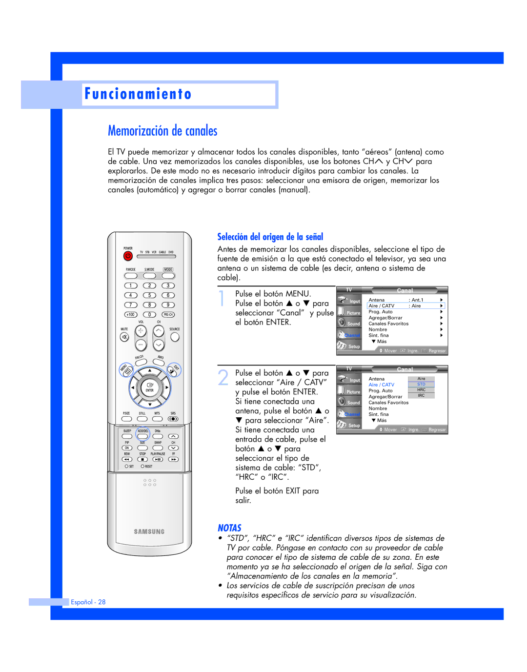 Samsung HL-P5663W, HL-P6163W, HL-P4663W manual Memorización de canales, Selección del origen de la señal 