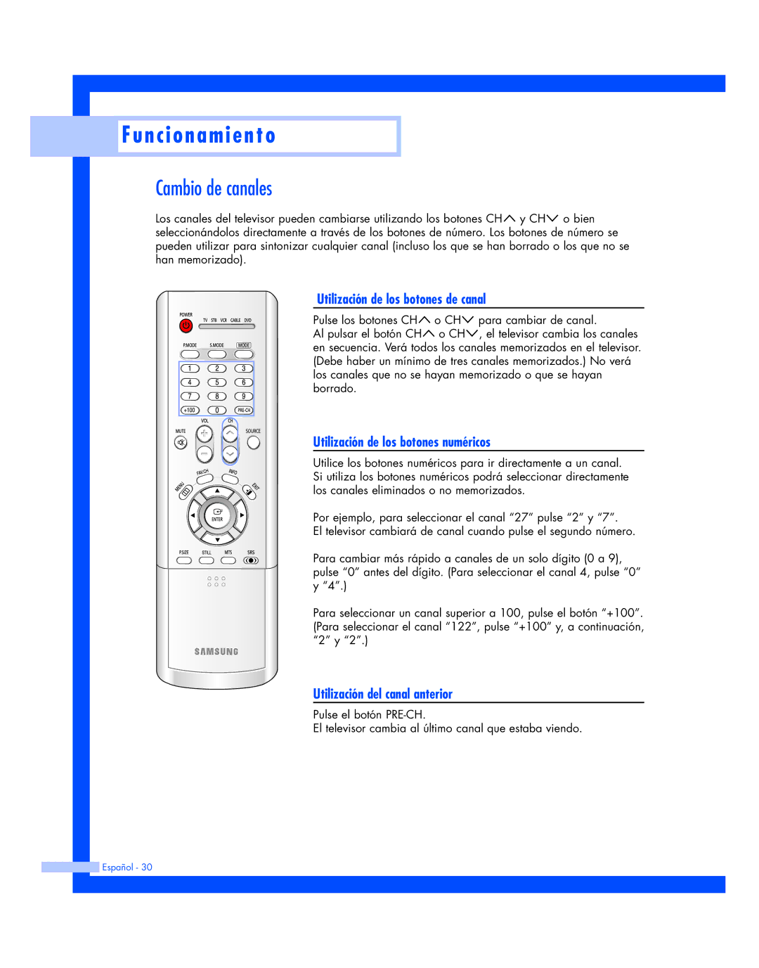 Samsung HL-P6163W, HL-P5663W Cambio de canales, Utilización de los botones de canal, Utilización de los botones numéricos 