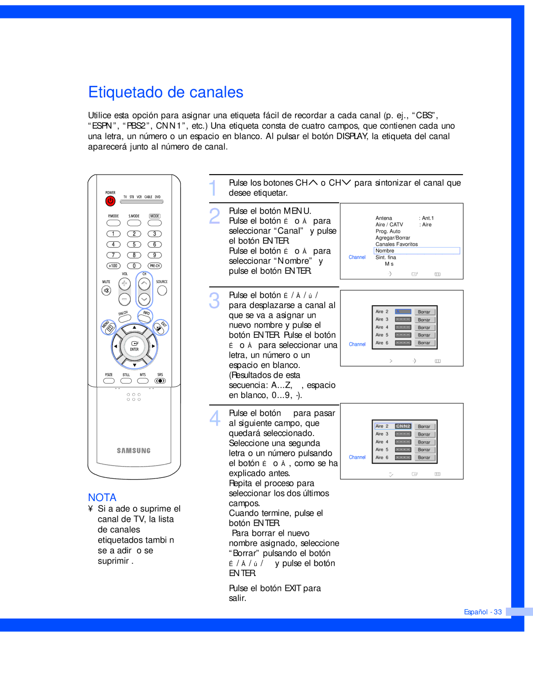 Samsung HL-P6163W, HL-P5663W, HL-P4663W manual Etiquetado de canales 