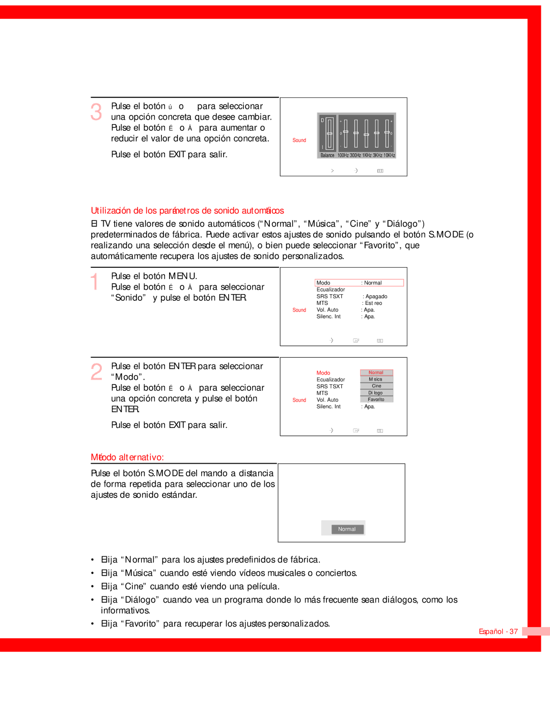 Samsung HL-P5663W, HL-P6163W, HL-P4663W manual Utilización de los parámetros de sonido automáticos 