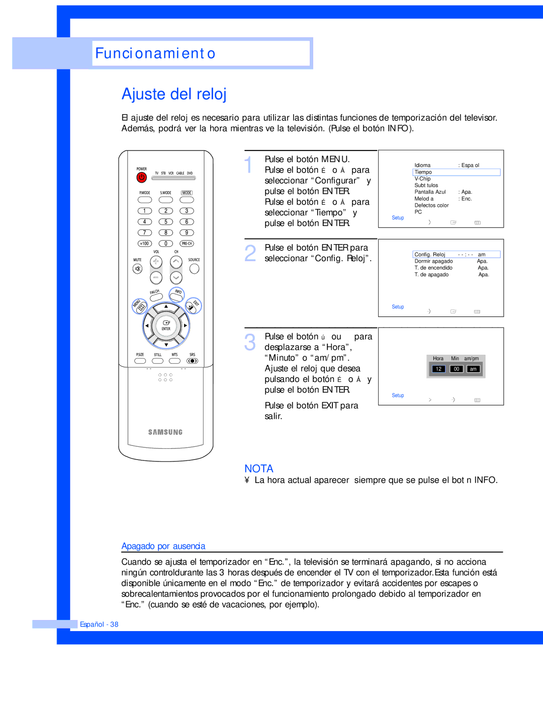 Samsung HL-P4663W, HL-P6163W, HL-P5663W manual Ajuste del reloj, Apagado por ausencia 