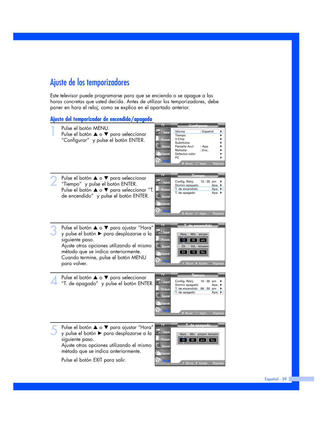 Samsung HL-P6163W, HL-P5663W, HL-P4663W manual Ajuste de los temporizadores 