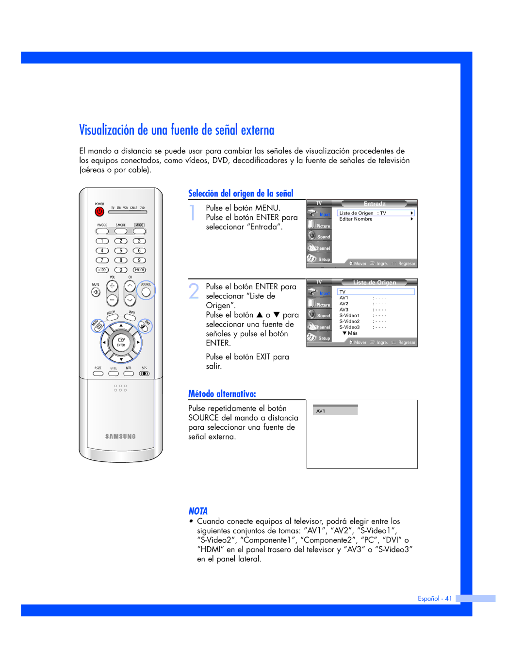 Samsung HL-P4663W, HL-P6163W, HL-P5663W manual Visualización de una fuente de señal externa, Selección del origen de la señal 