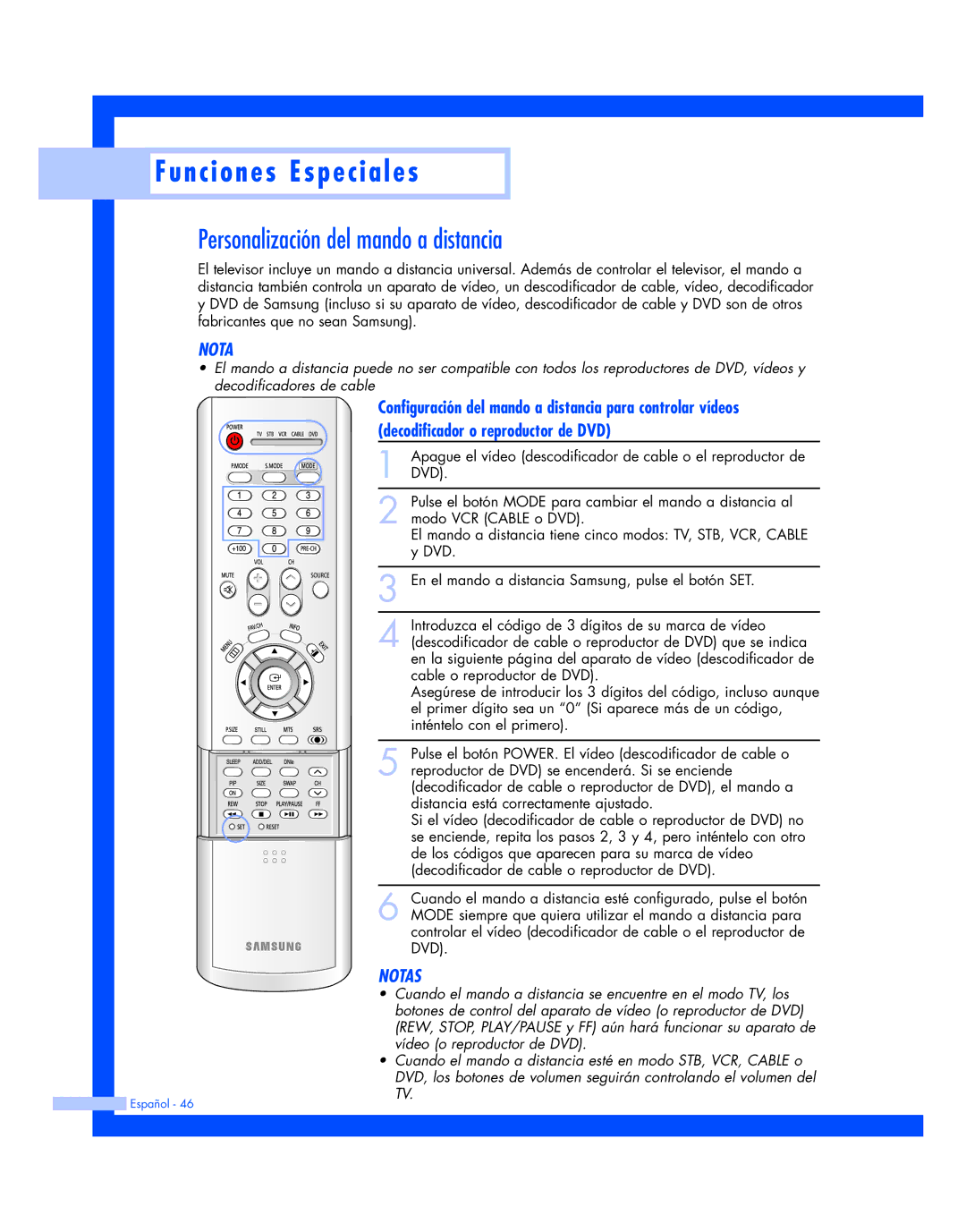 Samsung HL-P5663W, HL-P6163W, HL-P4663W manual Funciones Especiales, Personalización del mando a distancia 