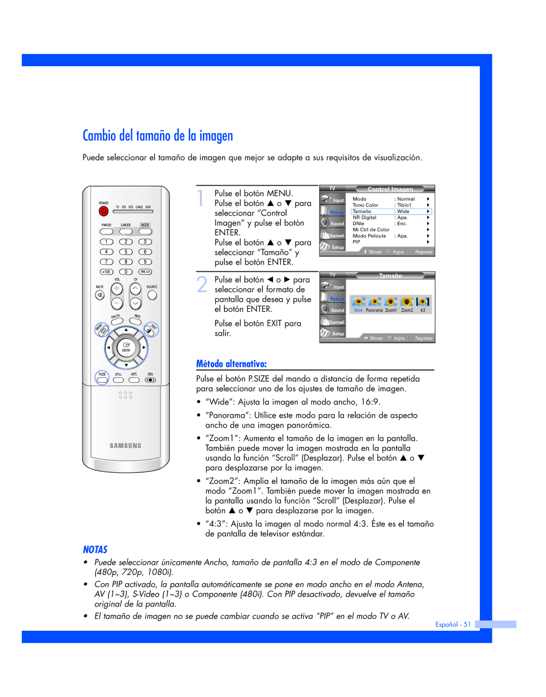 Samsung HL-P6163W, HL-P5663W, HL-P4663W manual Cambio del tamaño de la imagen, Método alternativo 