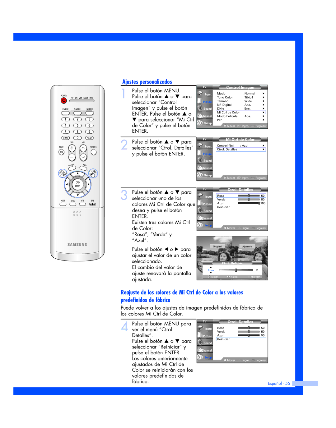 Samsung HL-P5663W, HL-P6163W, HL-P4663W manual Ajustes personalizados, Ctrol. Detalles 