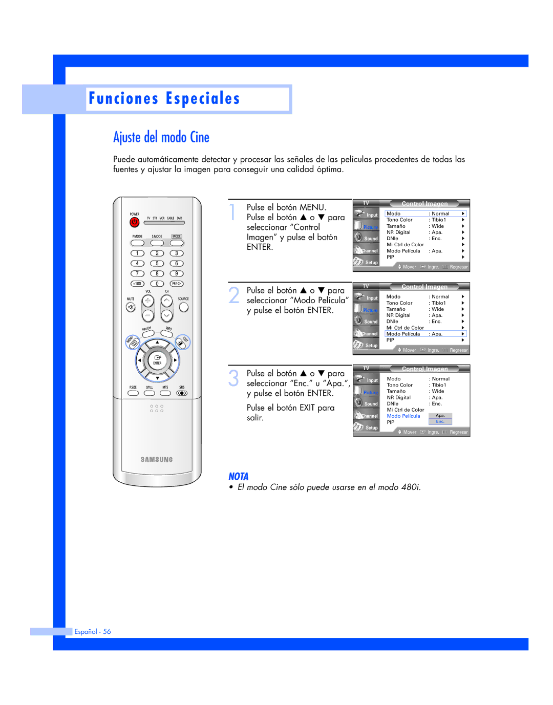 Samsung HL-P4663W, HL-P6163W, HL-P5663W manual Ajuste del modo Cine 