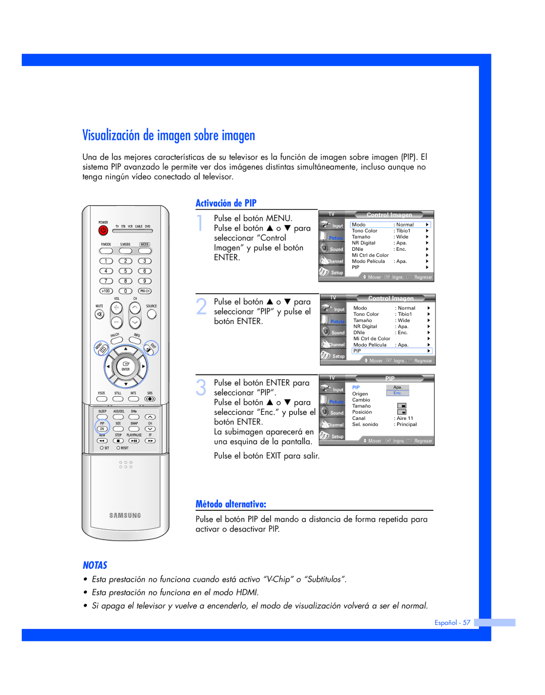 Samsung HL-P6163W, HL-P5663W, HL-P4663W manual Visualización de imagen sobre imagen, Activación de PIP 