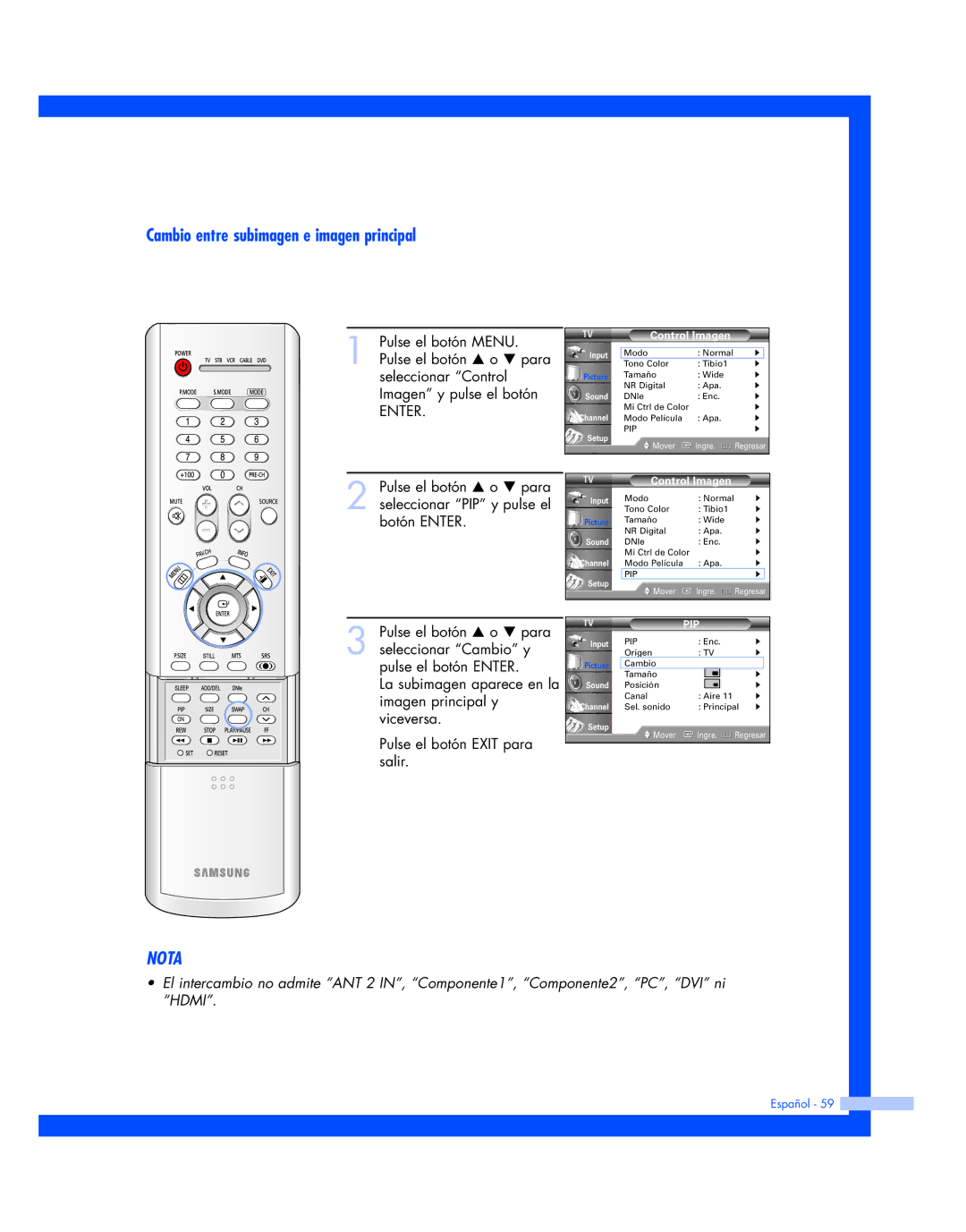 Samsung HL-P4663W, HL-P6163W, HL-P5663W manual Cambio entre subimagen e imagen principal 