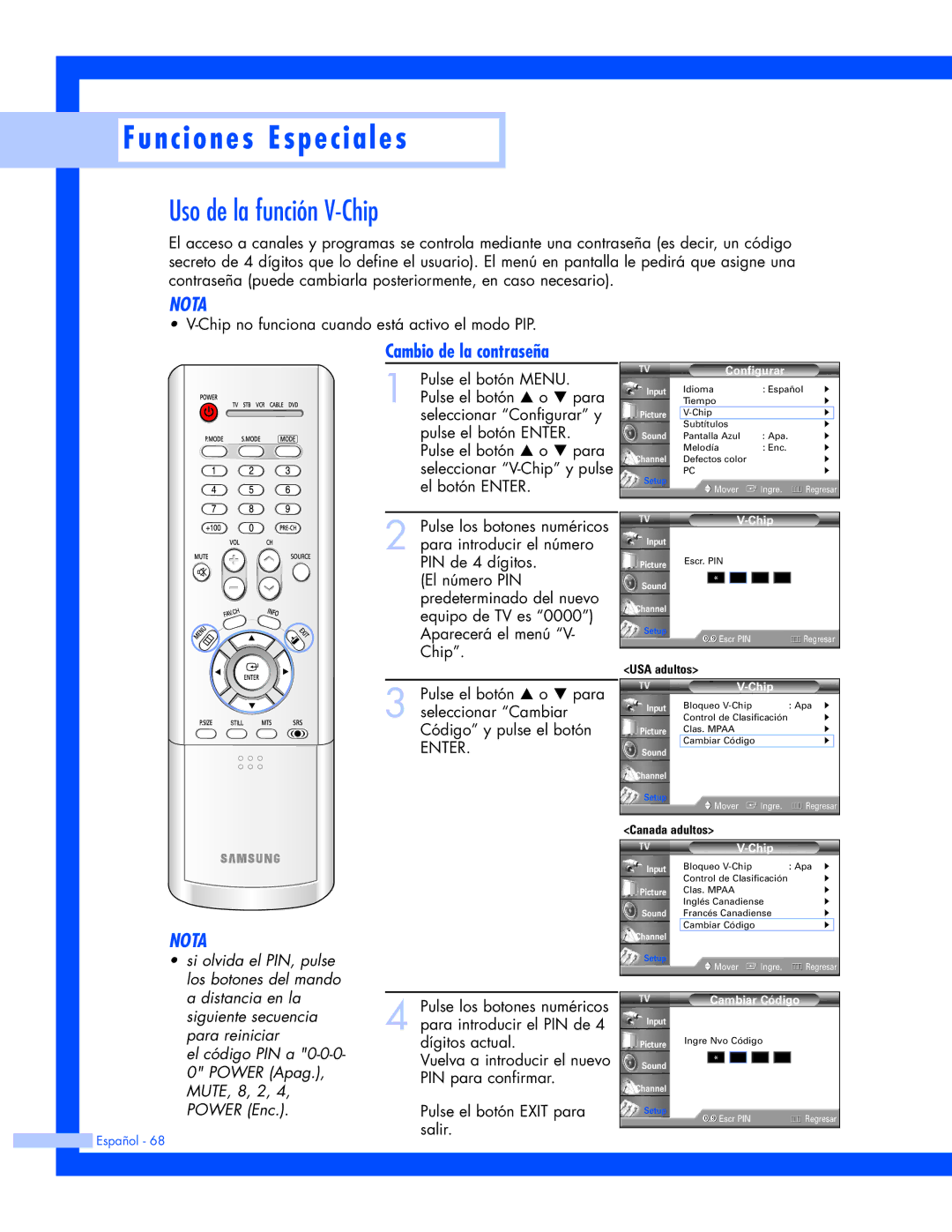 Samsung HL-P4663W, HL-P6163W, HL-P5663W manual Uso de la función V-Chip, Cambio de la contraseña 