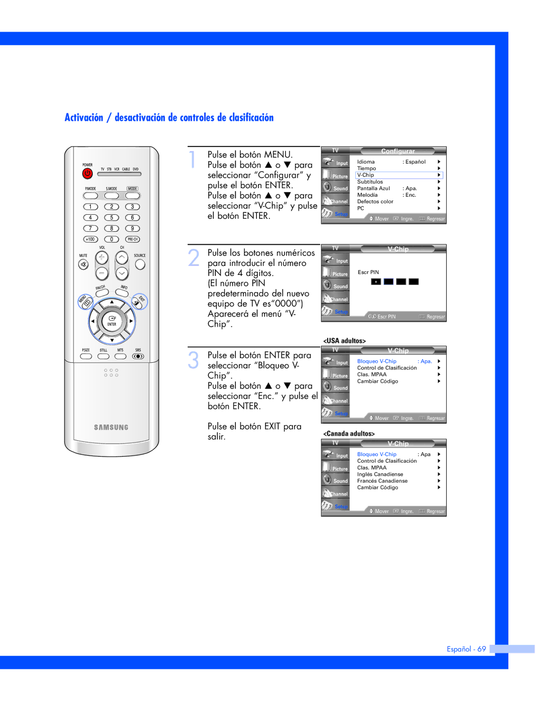 Samsung HL-P6163W, HL-P5663W, HL-P4663W manual Activación / desactivación de controles de clasificación, Bloqueo V-Chip 