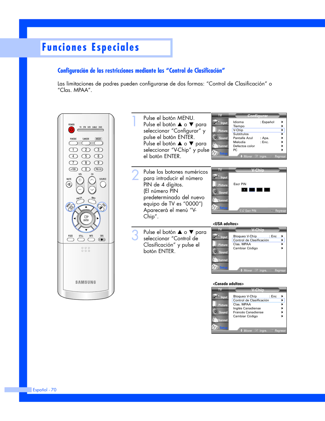 Samsung HL-P5663W, HL-P6163W, HL-P4663W manual Bloqueo V-Chip Enc √ Control de Clasificación 