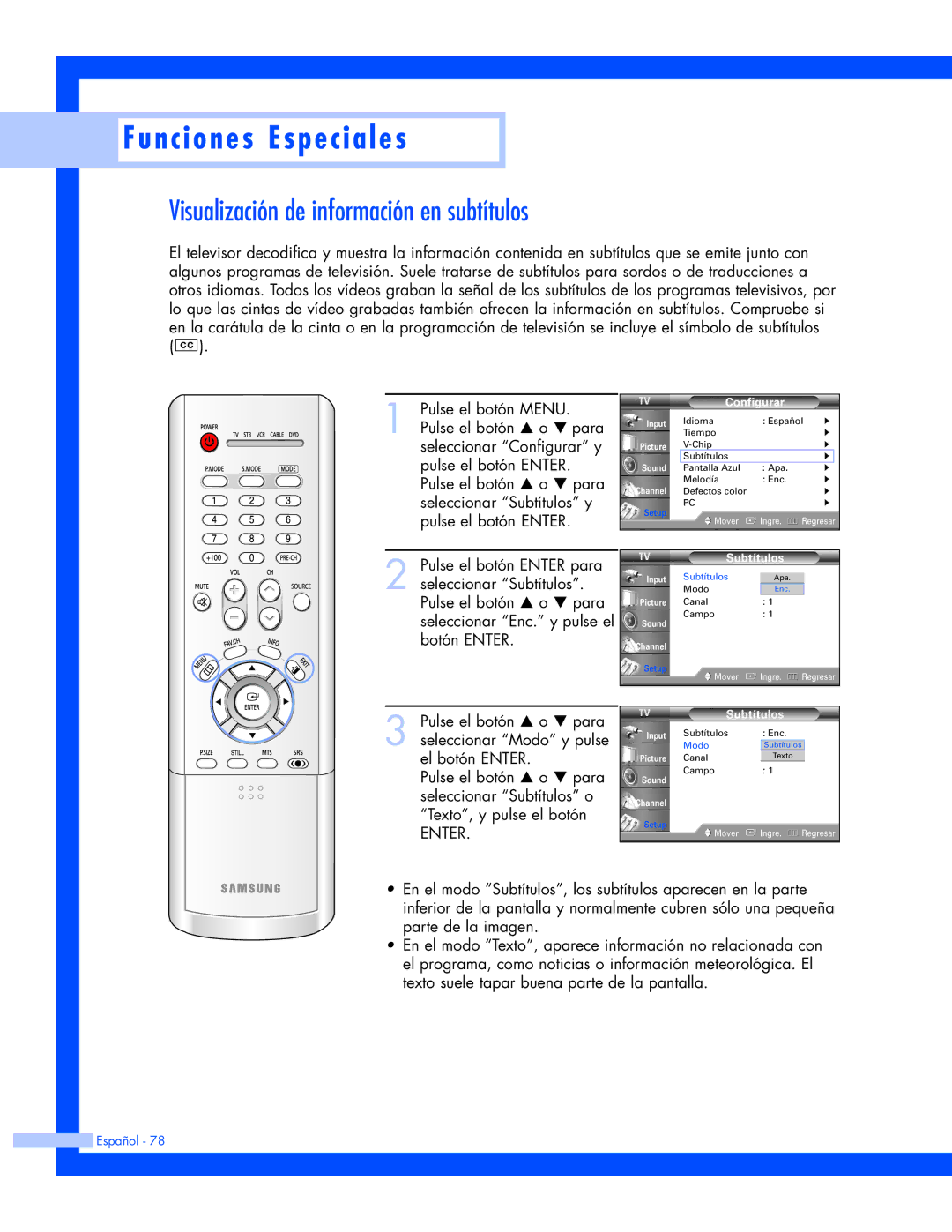 Samsung HL-P6163W, HL-P5663W, HL-P4663W manual Visualización de información en subtítulos 