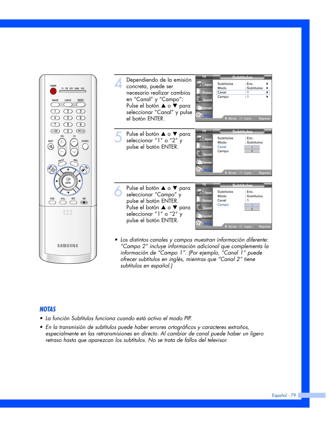 Samsung HL-P5663W, HL-P6163W, HL-P4663W manual Canal 