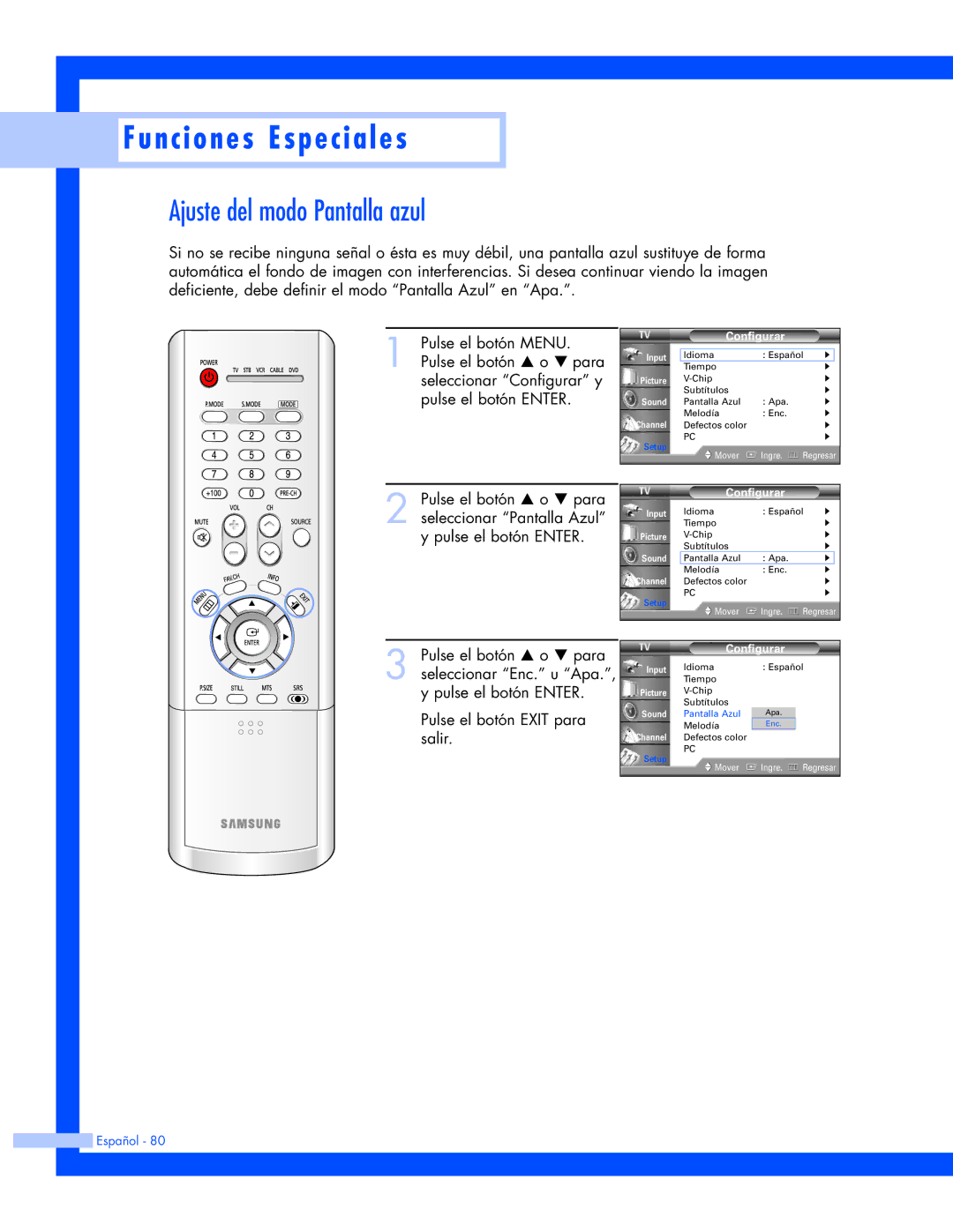 Samsung HL-P4663W, HL-P6163W, HL-P5663W manual Ajuste del modo Pantalla azul 