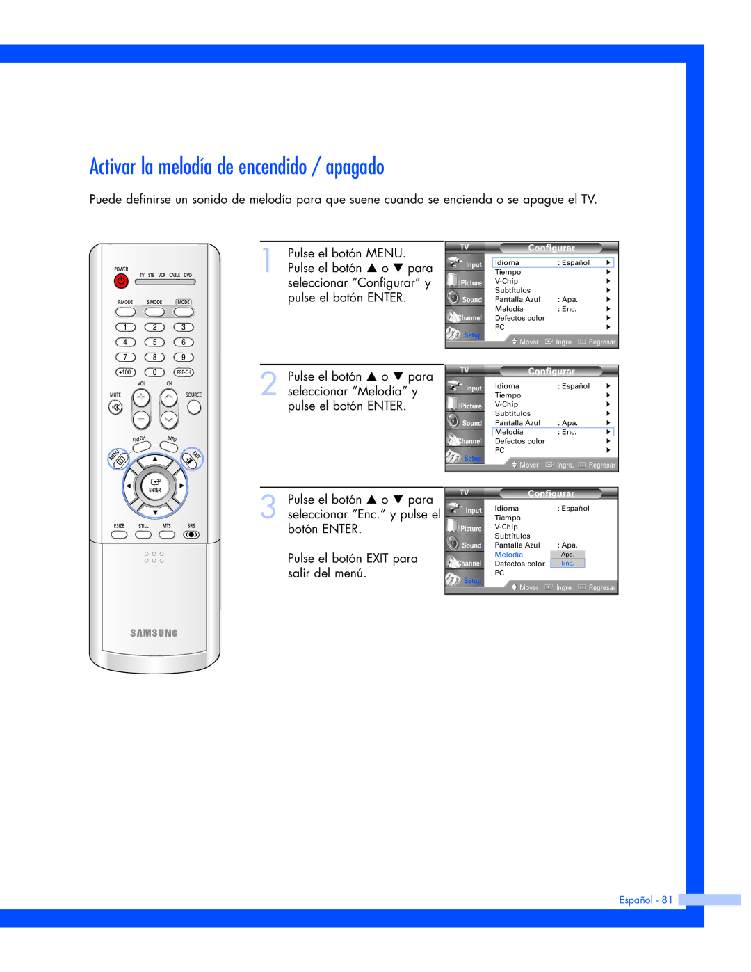 Samsung HL-P6163W, HL-P5663W, HL-P4663W manual Activar la melodía de encendido / apagado 