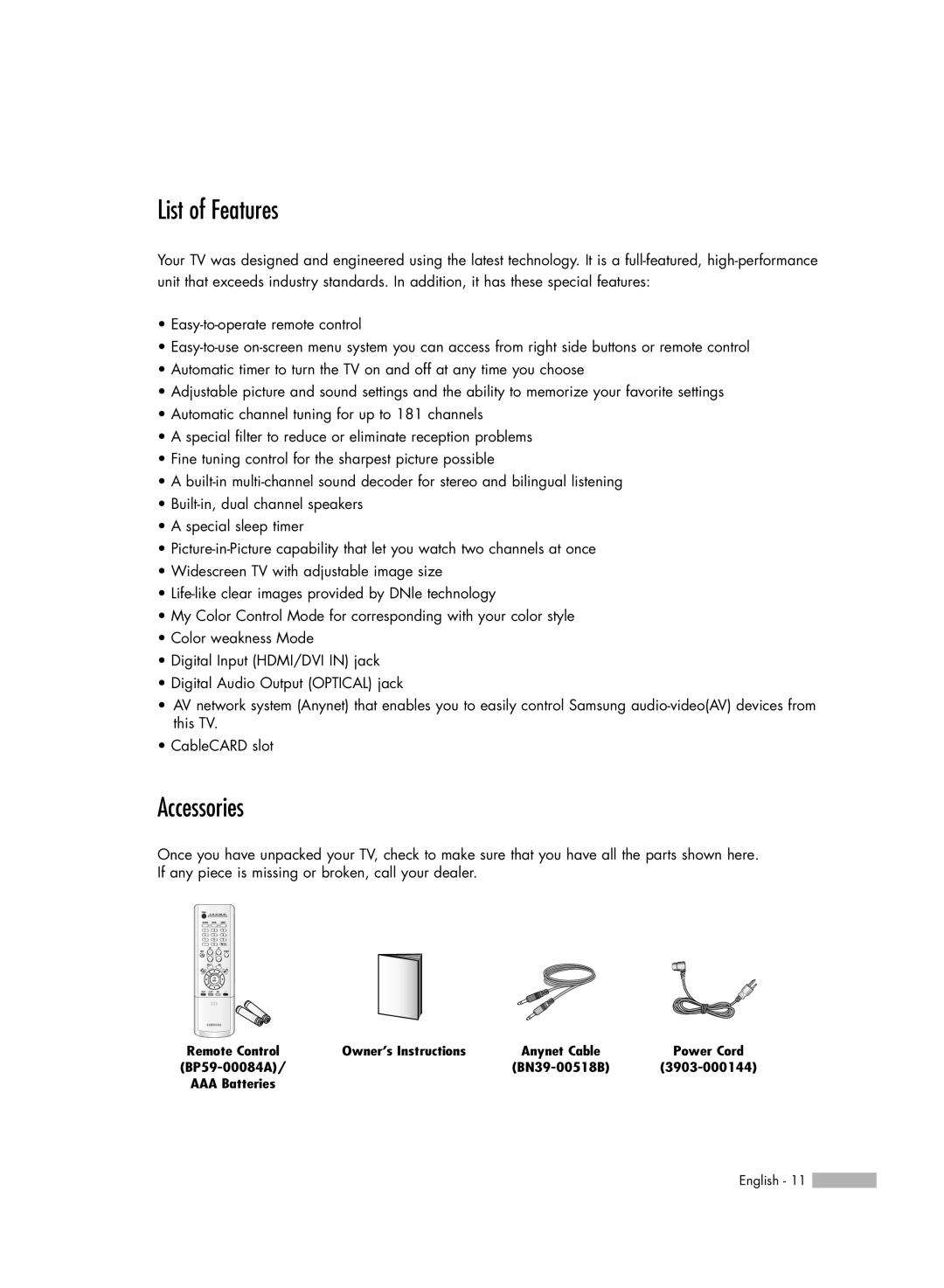 Samsung HL-R4266W manual List of Features, Accessories 