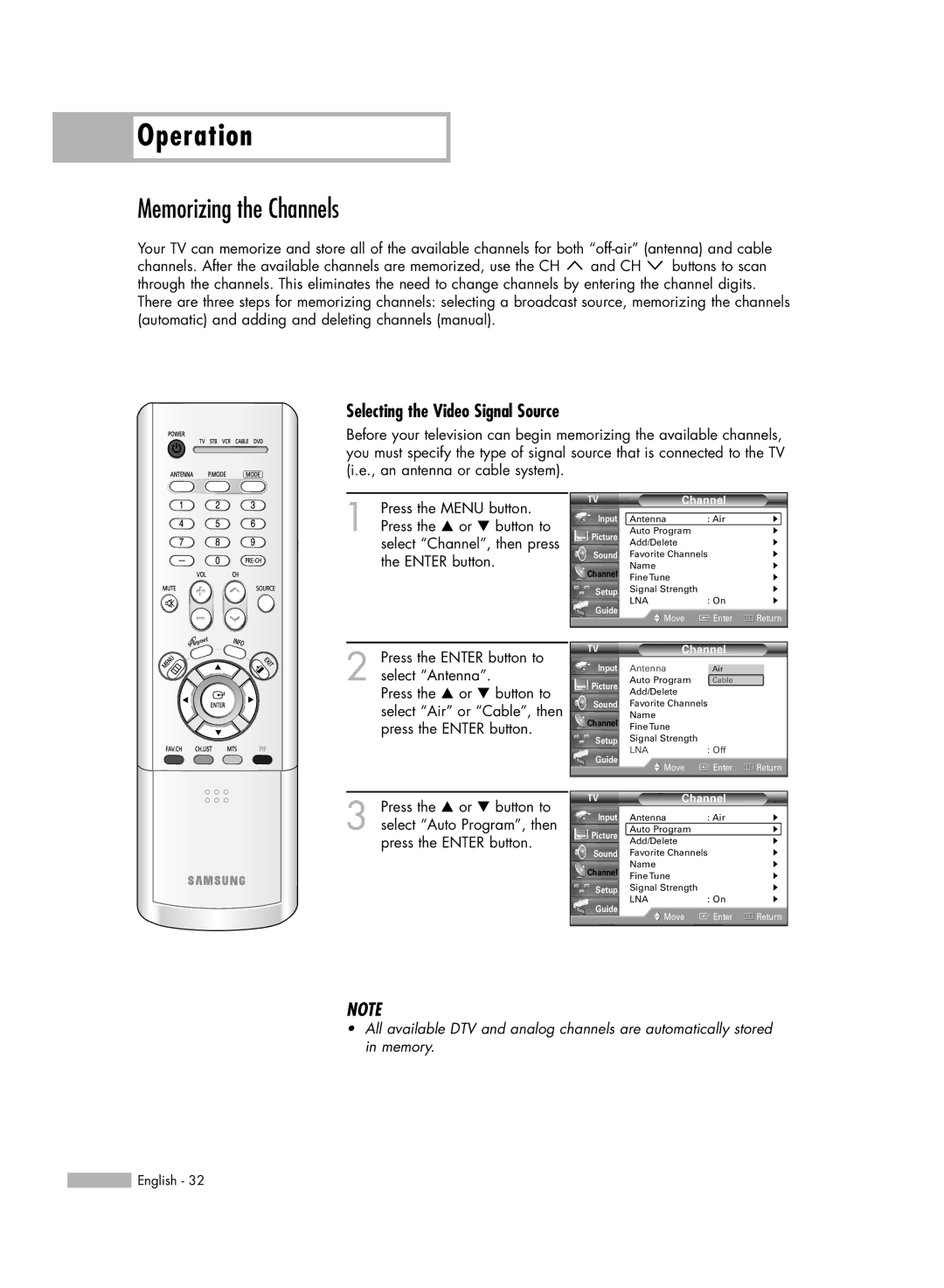 Samsung HL-R4266W manual Memorizing the Channels, Selecting the Video Signal Source 