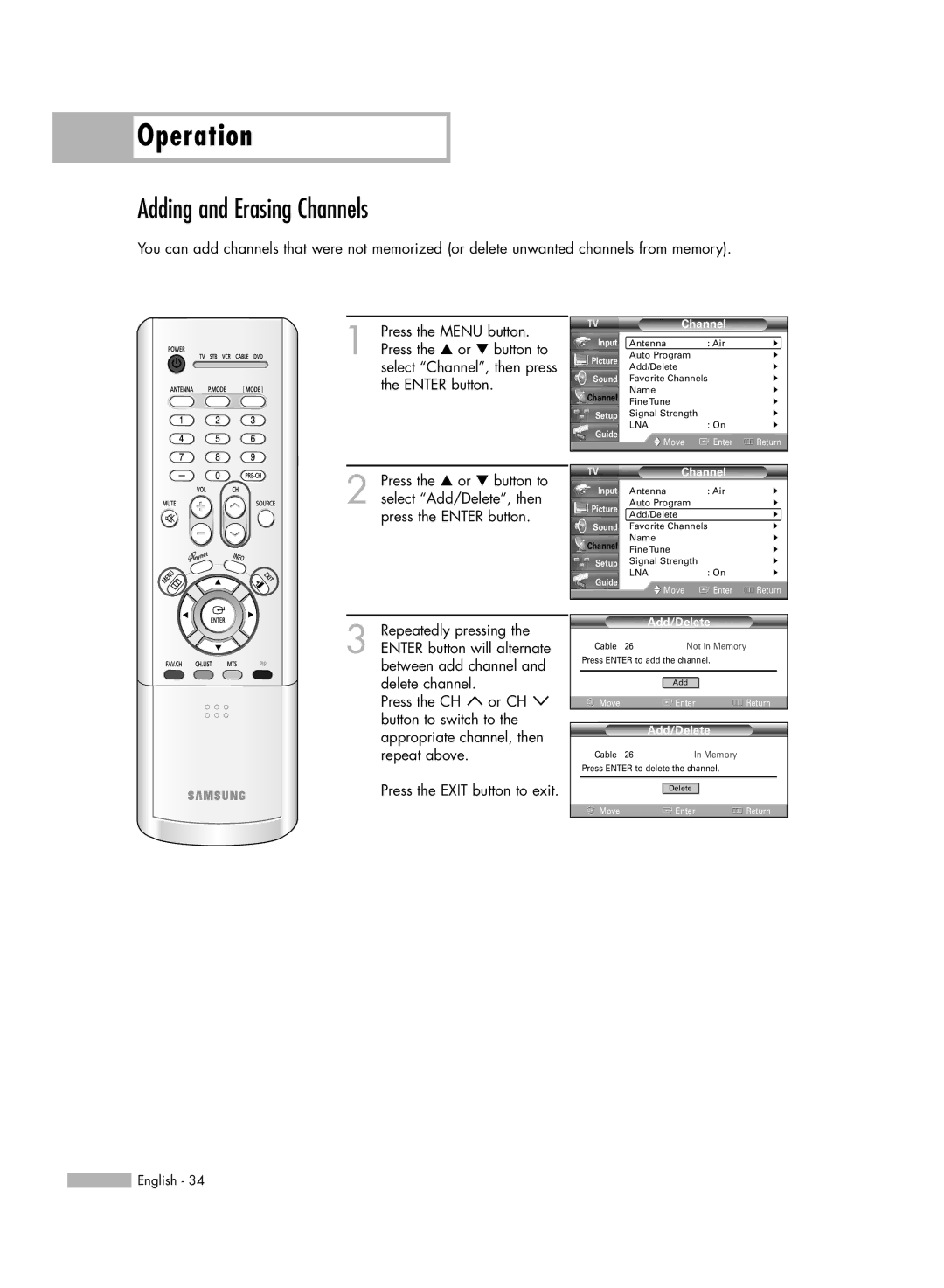 Samsung HL-R4266W manual Adding and Erasing Channels, Add/Delete 