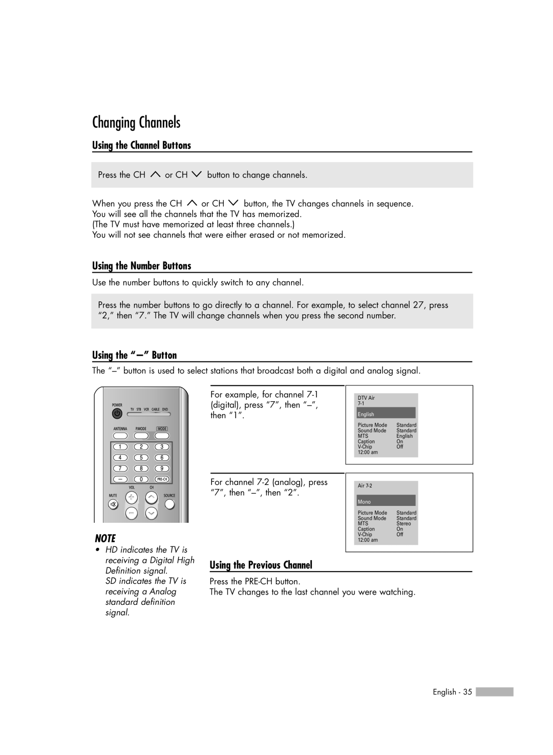 Samsung HL-R4266W manual Changing Channels, Using the Channel Buttons, Using the Number Buttons, Using the Button 