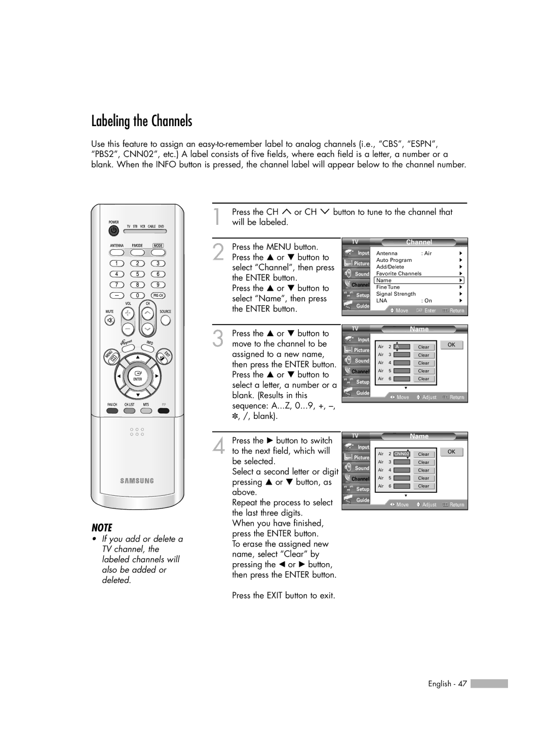 Samsung HL-R4266W manual Labeling the Channels, Name 