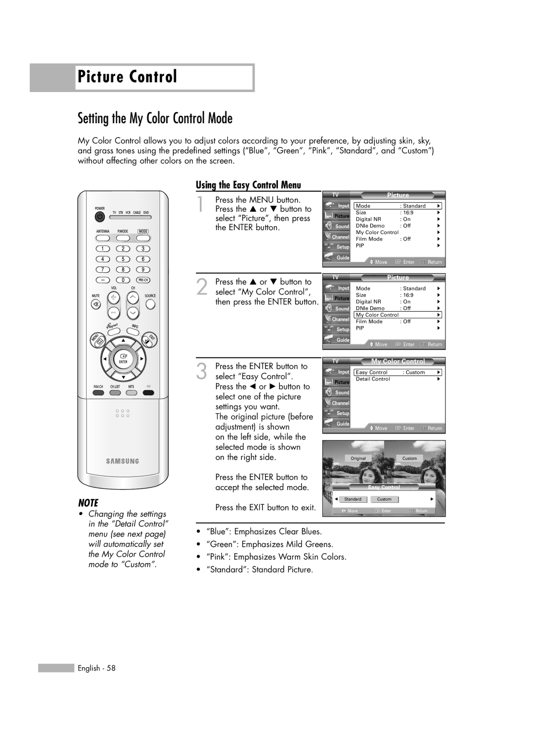 Samsung HL-R4266W manual Setting the My Color Control Mode, Using the Easy Control Menu 