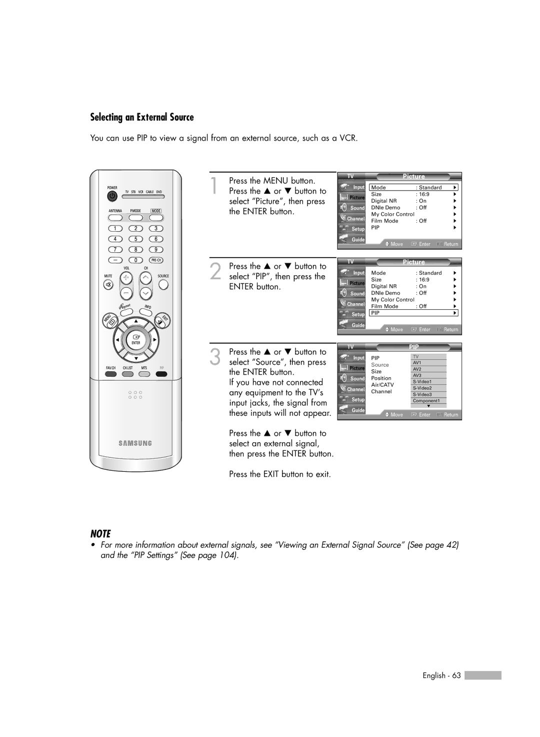 Samsung HL-R4266W manual Selecting an External Source, Pip 