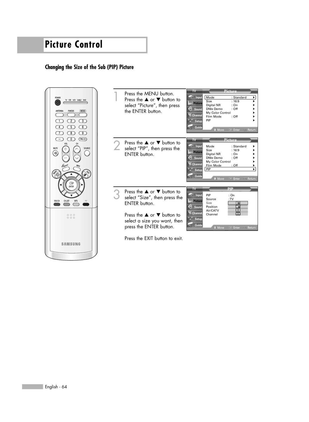 Samsung HL-R4266W manual Changing the Size of the Sub PIP Picture 