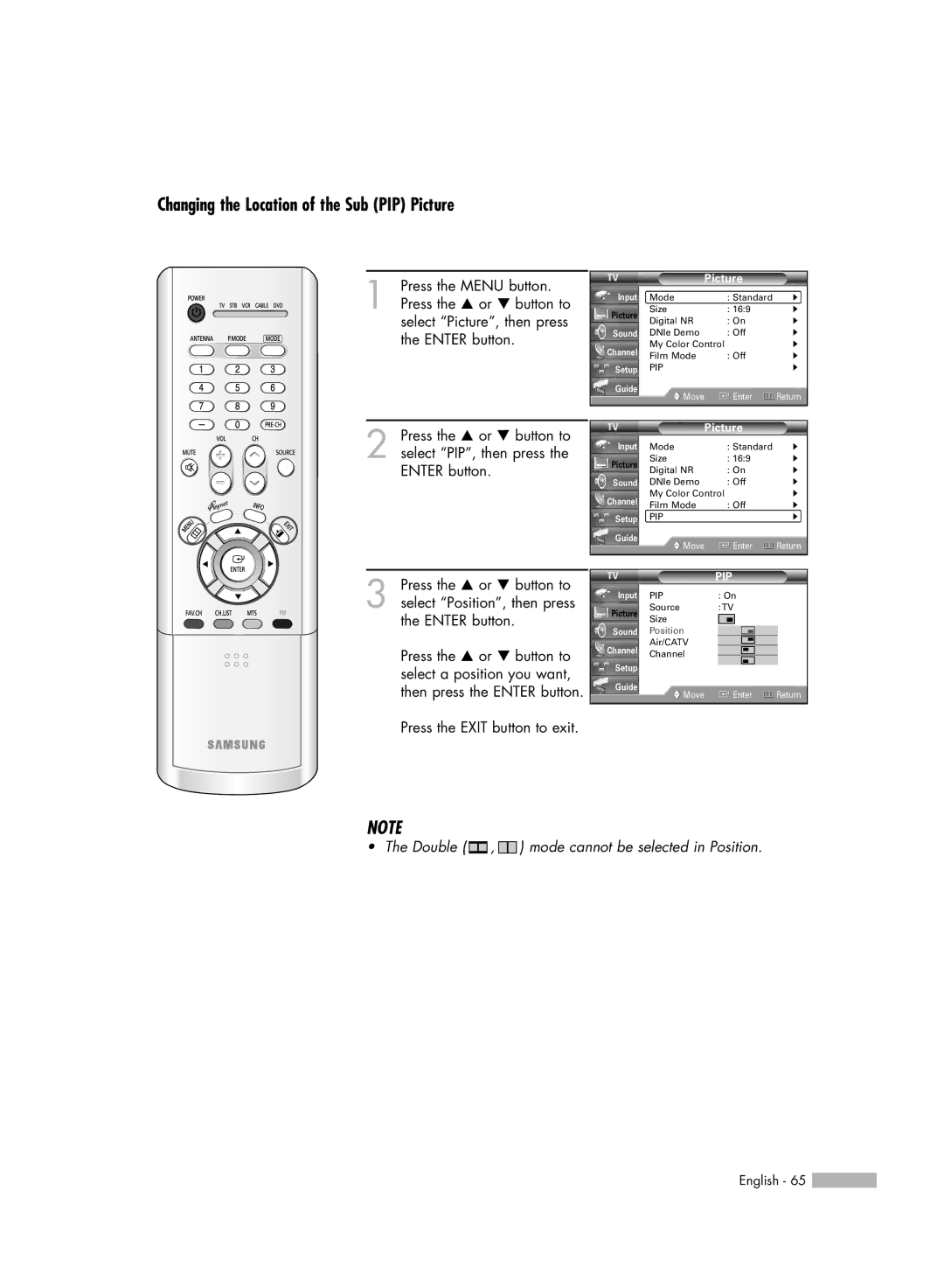 Samsung HL-R4266W manual Changing the Location of the Sub PIP Picture 