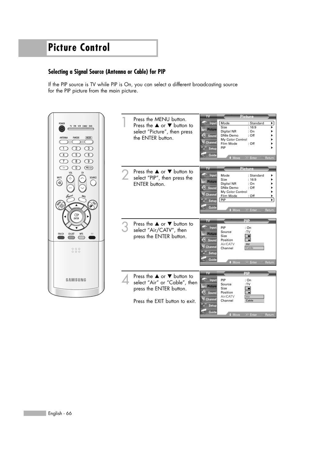 Samsung HL-R4266W manual Selecting a Signal Source Antenna or Cable for PIP 