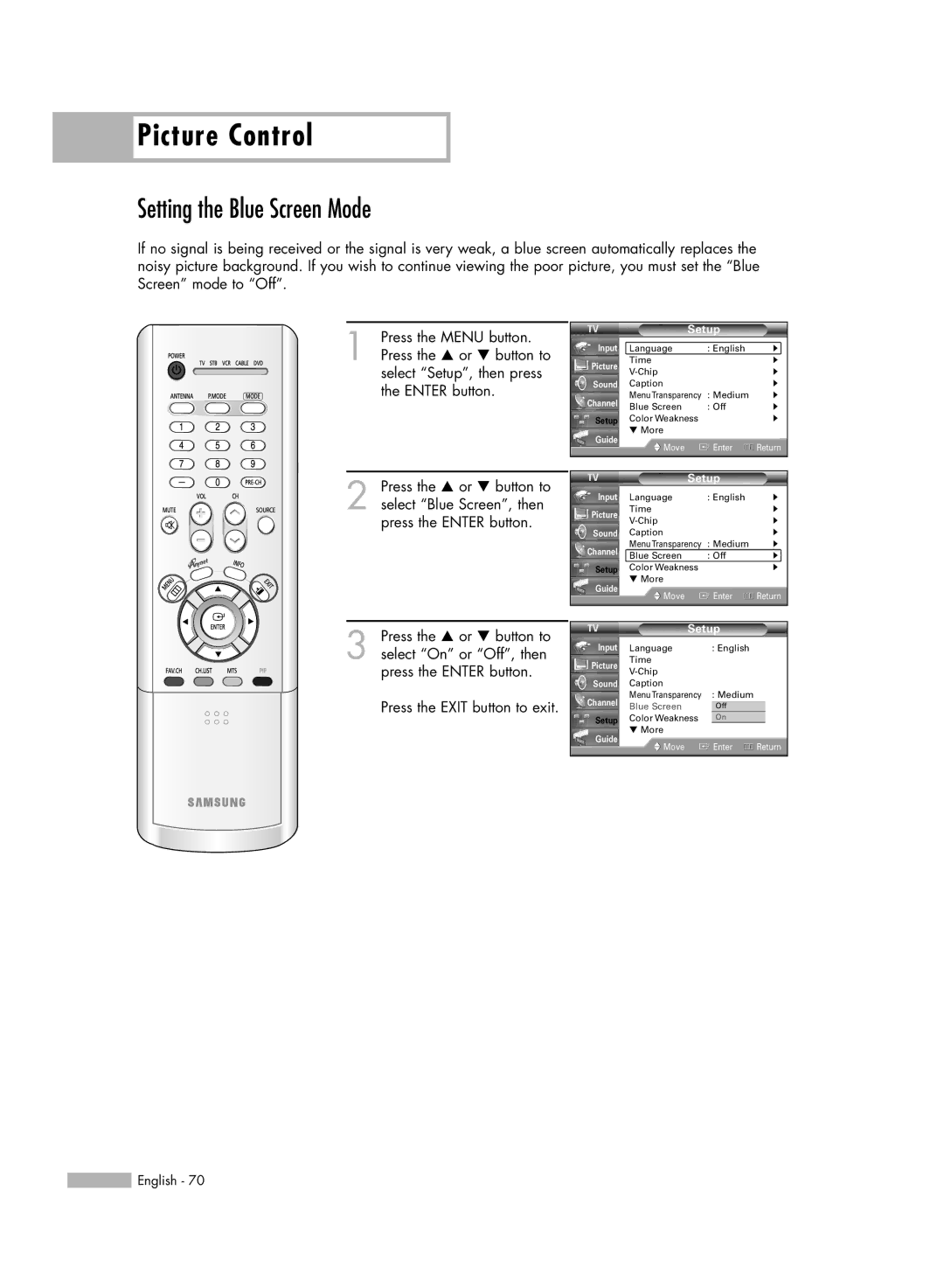 Samsung HL-R4266W manual Setting the Blue Screen Mode, Setup 