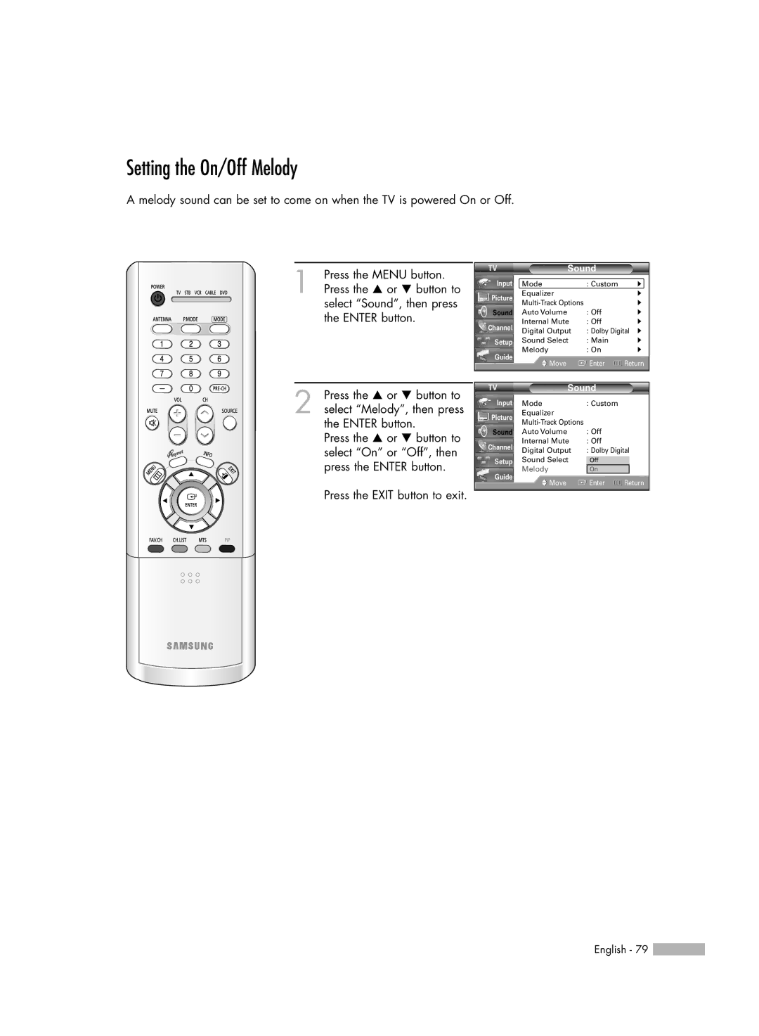 Samsung HL-R4266W manual Setting the On/Off Melody 