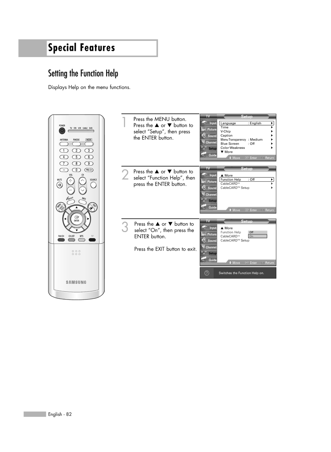 Samsung HL-R4266W manual Special Features, Setting the Function Help 