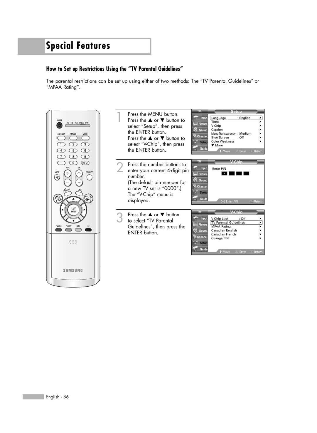 Samsung HL-R4266W manual How to Set up Restrictions Using the TV Parental Guidelines 