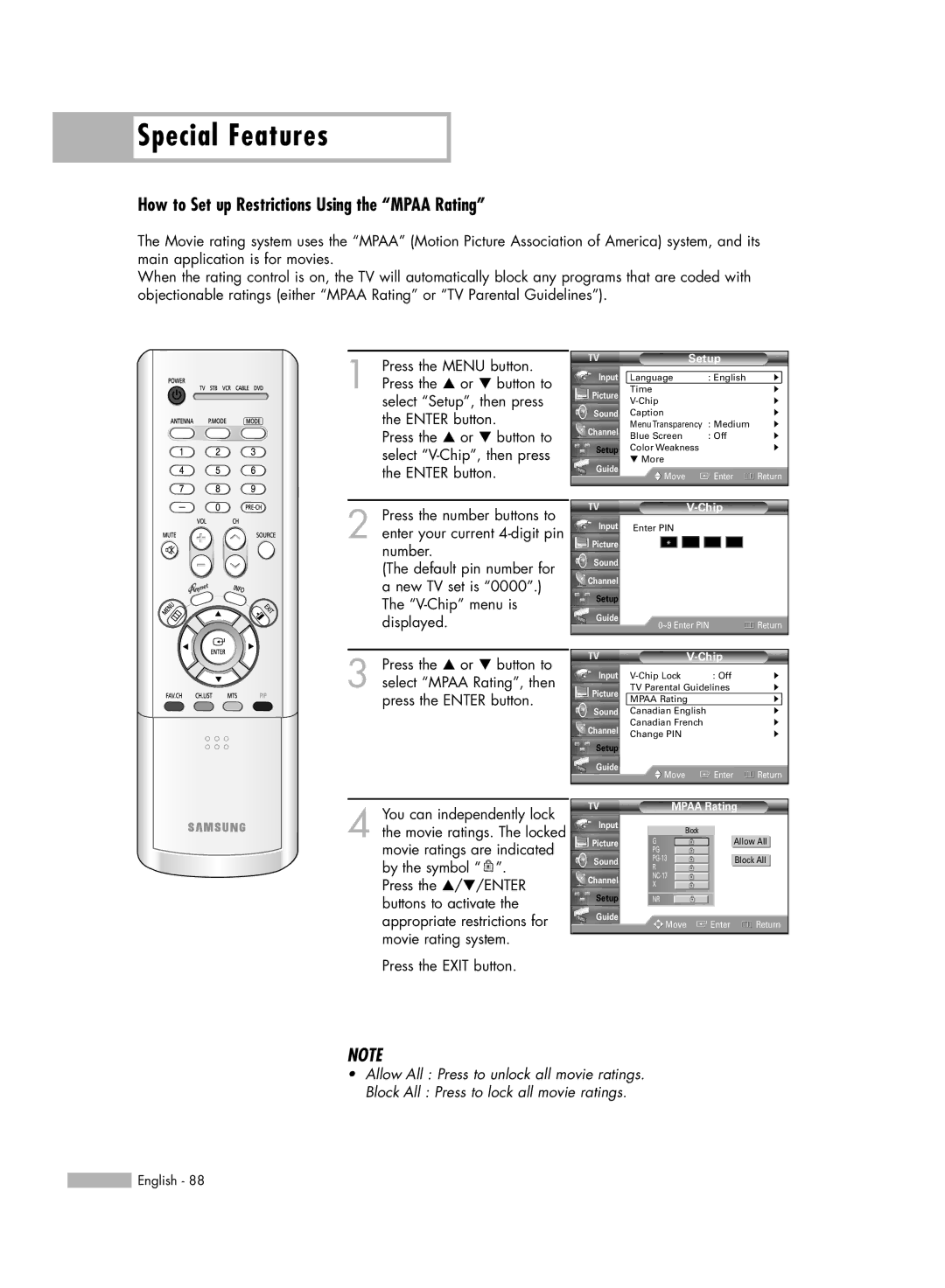 Samsung HL-R4266W manual How to Set up Restrictions Using the Mpaa Rating 