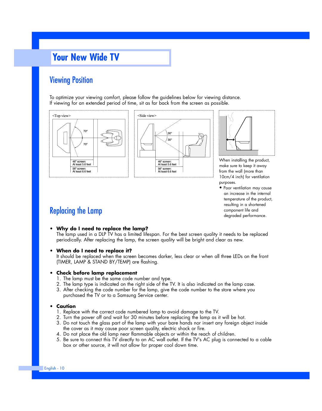 Samsung HL-R4677W, HL-R5677W instruction manual Viewing Position, Replacing the Lamp 