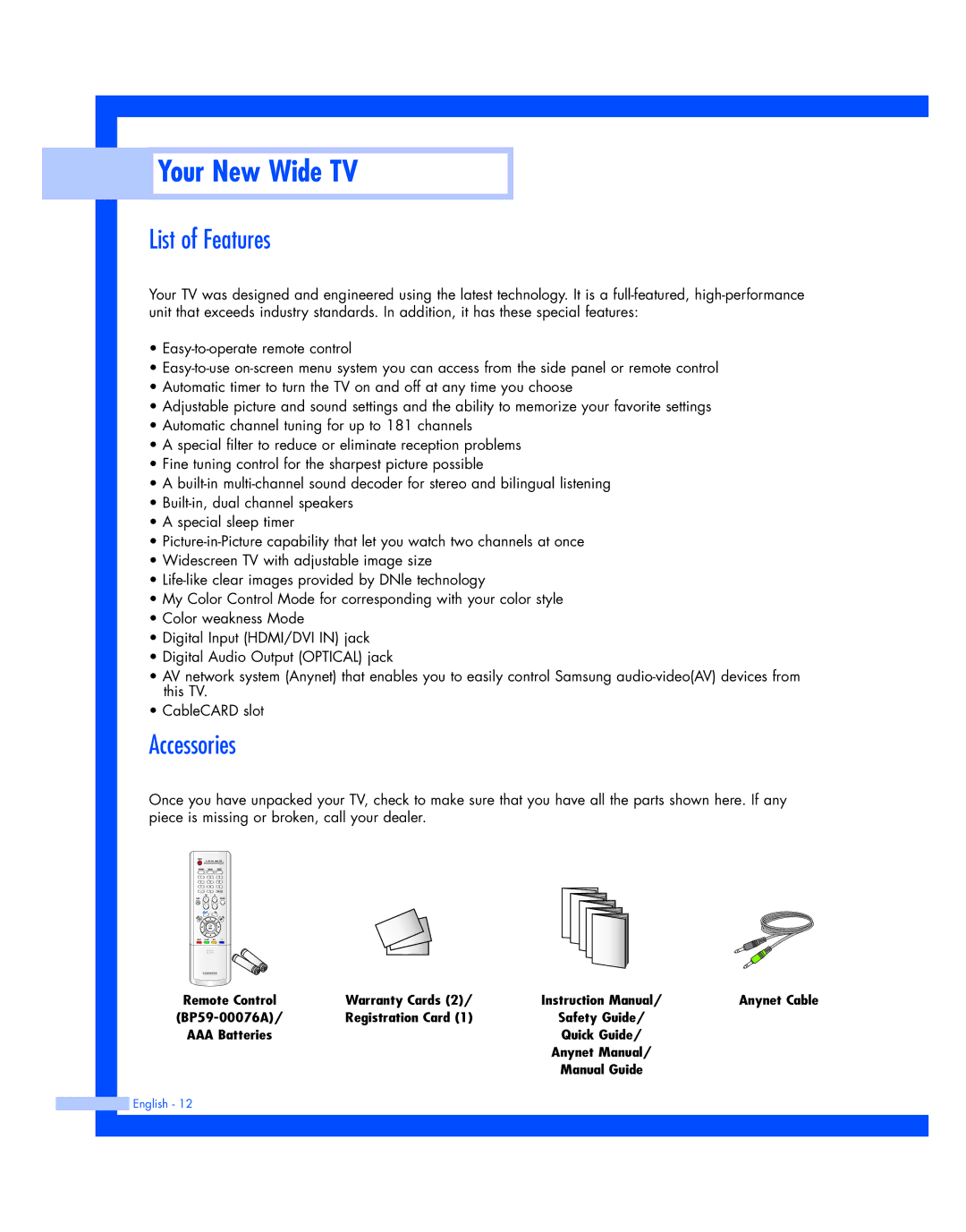 Samsung HL-R4677W, HL-R5677W instruction manual List of Features, Accessories 