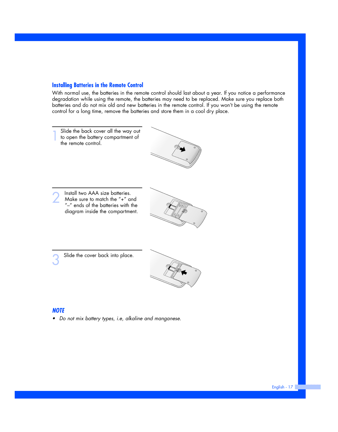 Samsung HL-R5677W, HL-R4677W instruction manual Installing Batteries in the Remote Control 