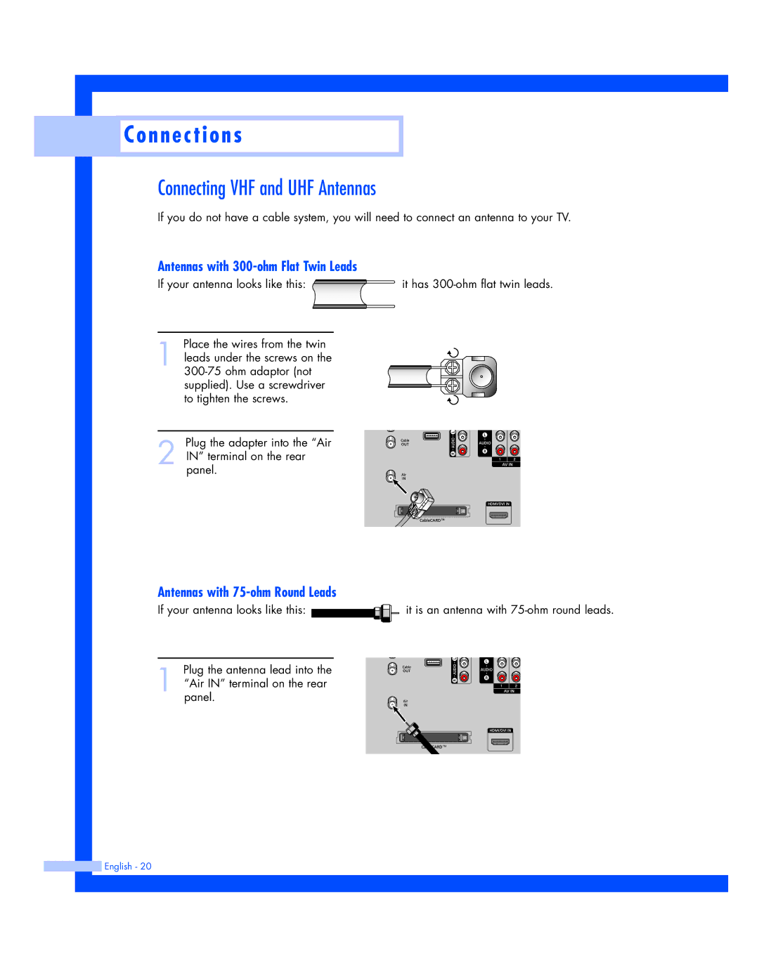 Samsung HL-R4677W Connecting VHF and UHF Antennas, Antennas with 300-ohm Flat Twin Leads, Antennas with 75-ohm Round Leads 