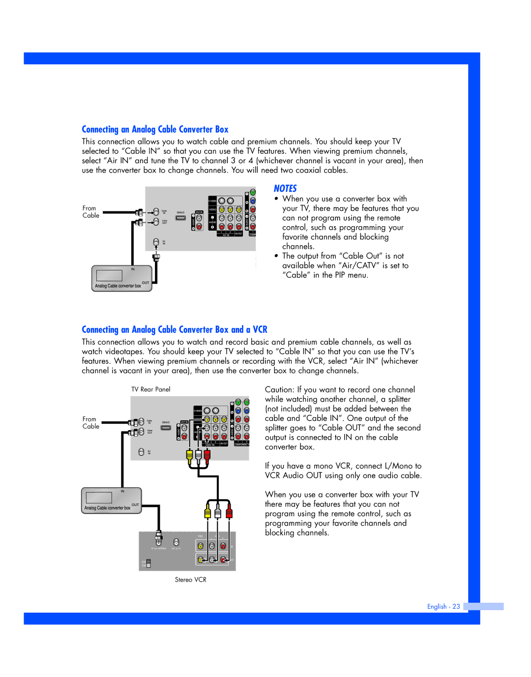 Samsung HL-R5677W, HL-R4677W instruction manual Connecting an Analog Cable Converter Box and a VCR 