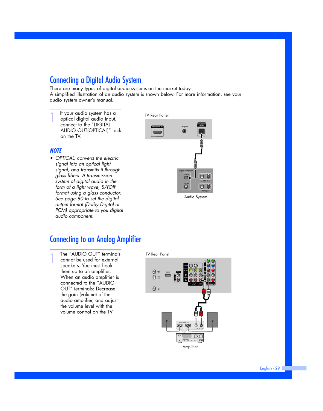 Samsung HL-R5677W, HL-R4677W instruction manual Connecting a Digital Audio System, Connecting to an Analog Amplifier 