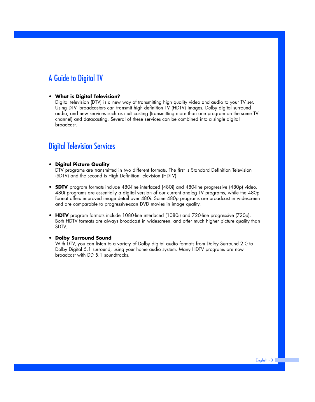 Samsung HL-R5677W, HL-R4677W instruction manual Guide to Digital TV, Digital Television Services 