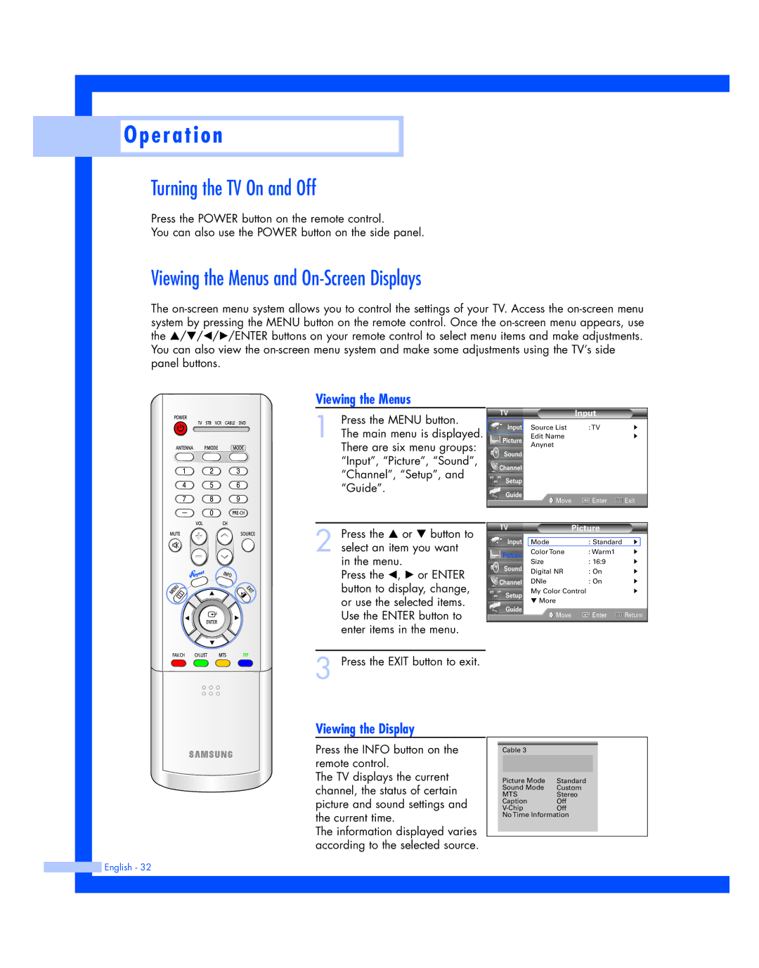 Samsung HL-R4677W, HL-R5677W Turning the TV On and Off, Viewing the Menus and On-Screen Displays, Viewing the Display 